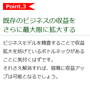 既存のビジネスの収益をさらに最大限に拡大するビジネスモデルを精査することで収益拡大を妨げているボトルネックがあることに気付くはずです。それさえ解消すれば、容易に収益アップは可能となるでしょう。